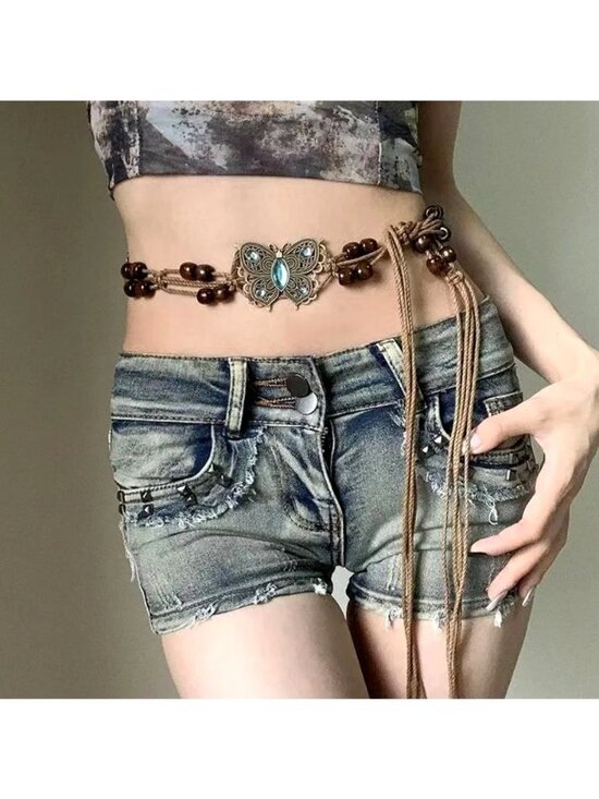 Bohemian Butterfly Belt With Beads & Adjustable Rope Design Brown & Turquoise Ac main image 5